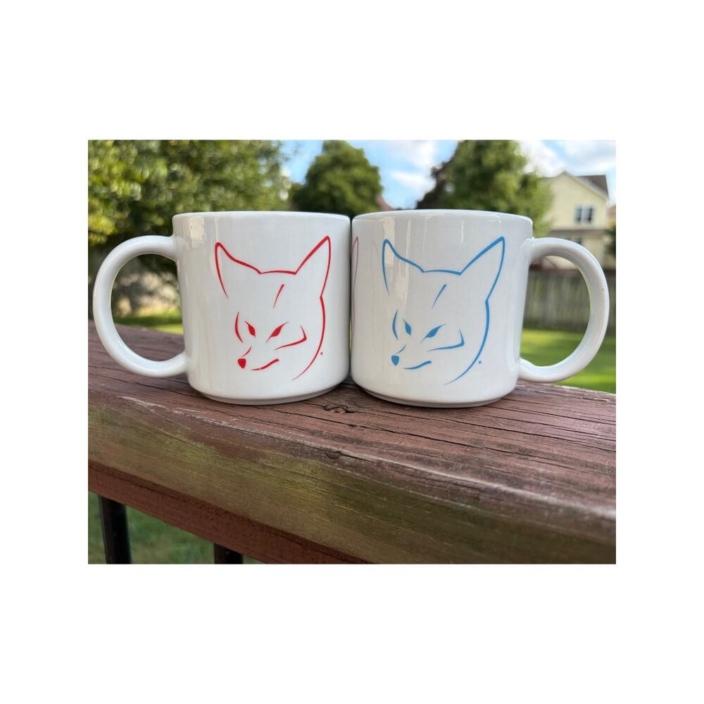 Vintage Fox Mugs Set of Two Red and Blue Foxes Double Sided Heavy Ceramic Mugs